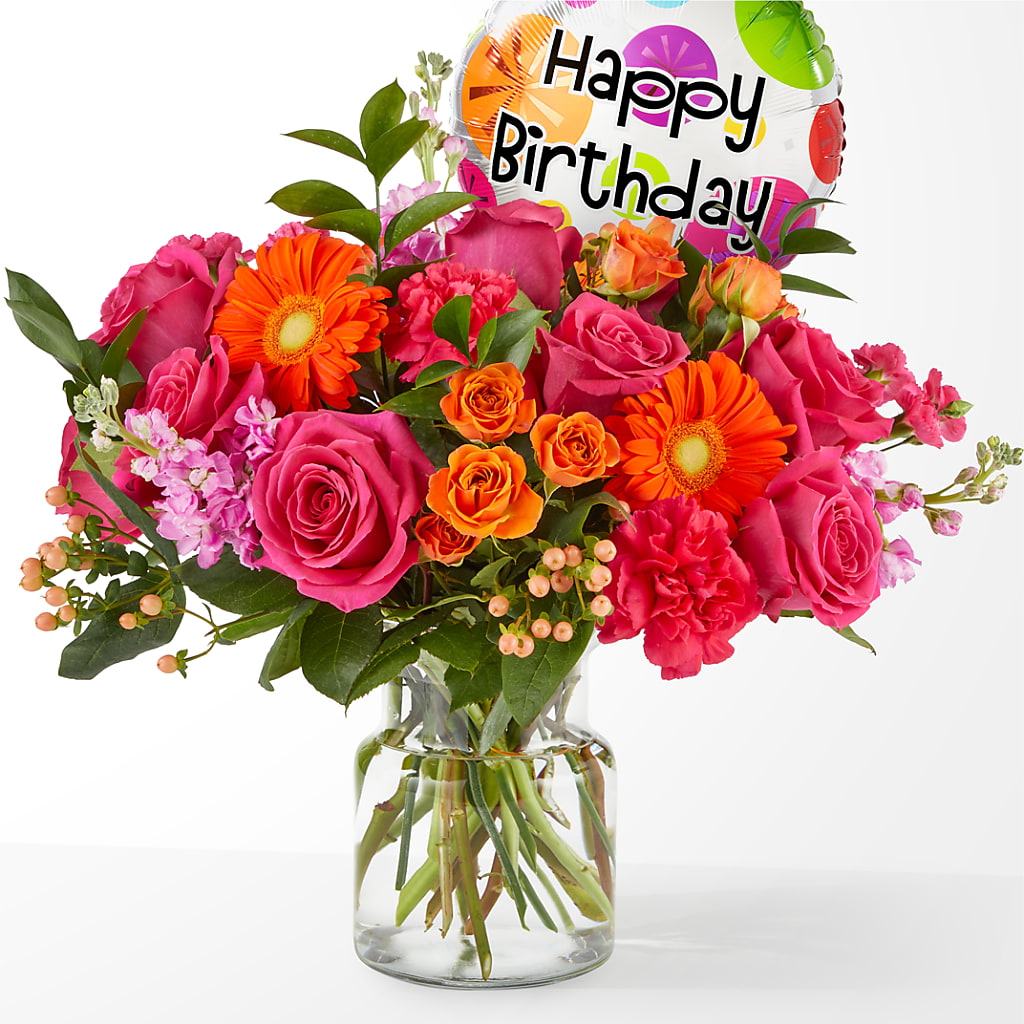 Fiesta Bouquet with Birthday Balloon – Rita Fleuriste Montreal, Montreal PQ