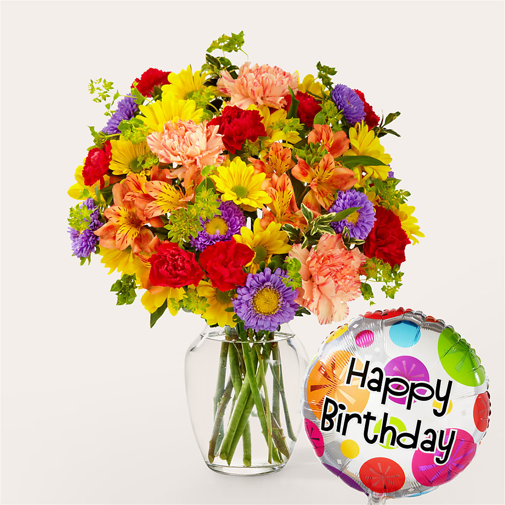 Kaleidoscope Bouquet with Birthday Balloon – Rita Fleuriste Montreal, Montreal PQ