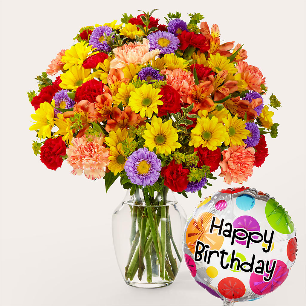 Kaleidoscope Bouquet with Birthday Balloon – Rita Fleuriste Montreal, Montreal PQ