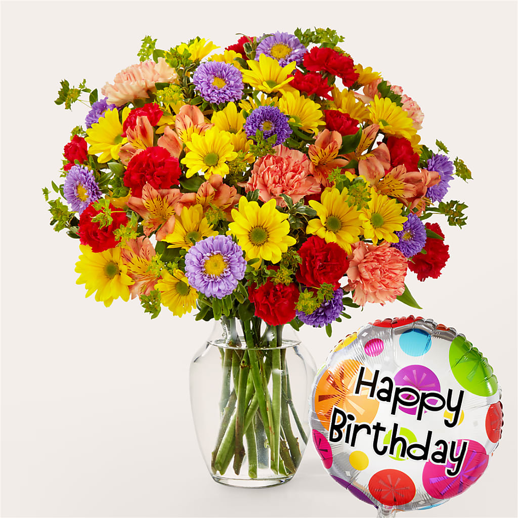 Kaleidoscope Bouquet with Birthday Balloon – Rita Fleuriste Montreal, Montreal PQ