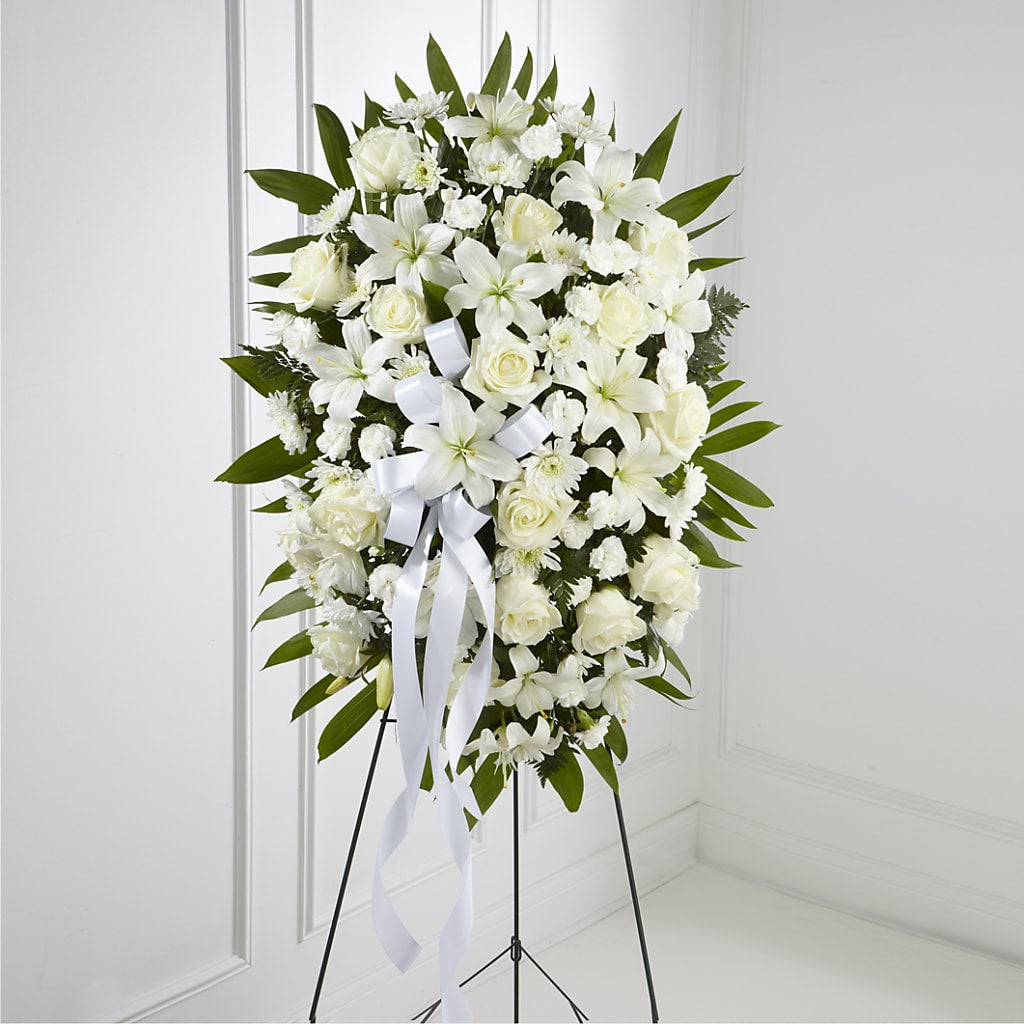 Exquisite Tribute Standing Spray-White Ribbon – Rita Fleuriste Montreal, Montreal PQ