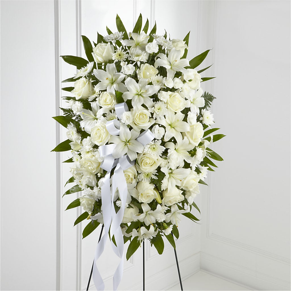 Exquisite Tribute Standing Spray-White Ribbon – Rita Fleuriste Montreal, Montreal PQ