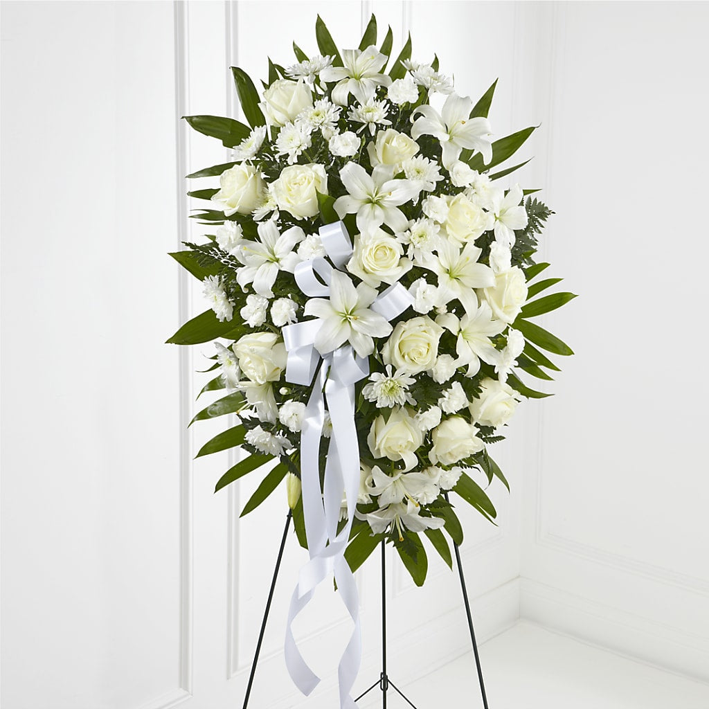 Exquisite Tribute Standing Spray-White Ribbon – Rita Fleuriste Montreal, Montreal PQ